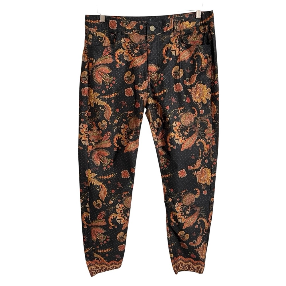 Desigual Artsy Dark Floral Paisley Ankle Pants Women 18 Black Slim Boho Stretch